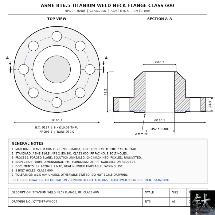 ASME B16.5 Titanium Weld Neck Flange Class 600